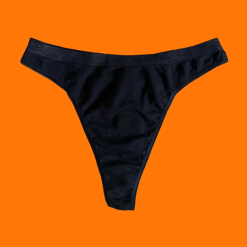 90's vintage black cotton logo hi cut thong LARGE victoria's secret *deadstock*